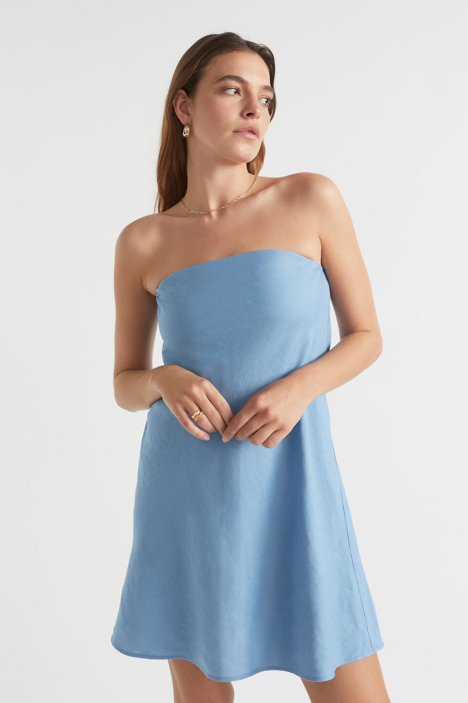 Linen Strapless Mini Dress  Soft Cobalt