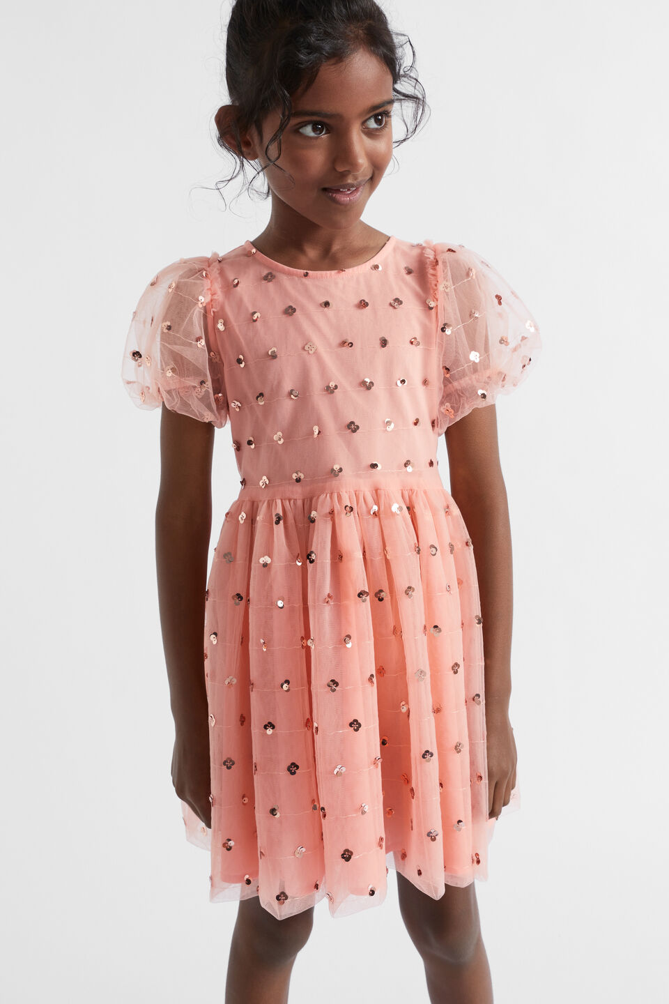 Sequin Daisy Bubble Hem Dress  Soft Coral