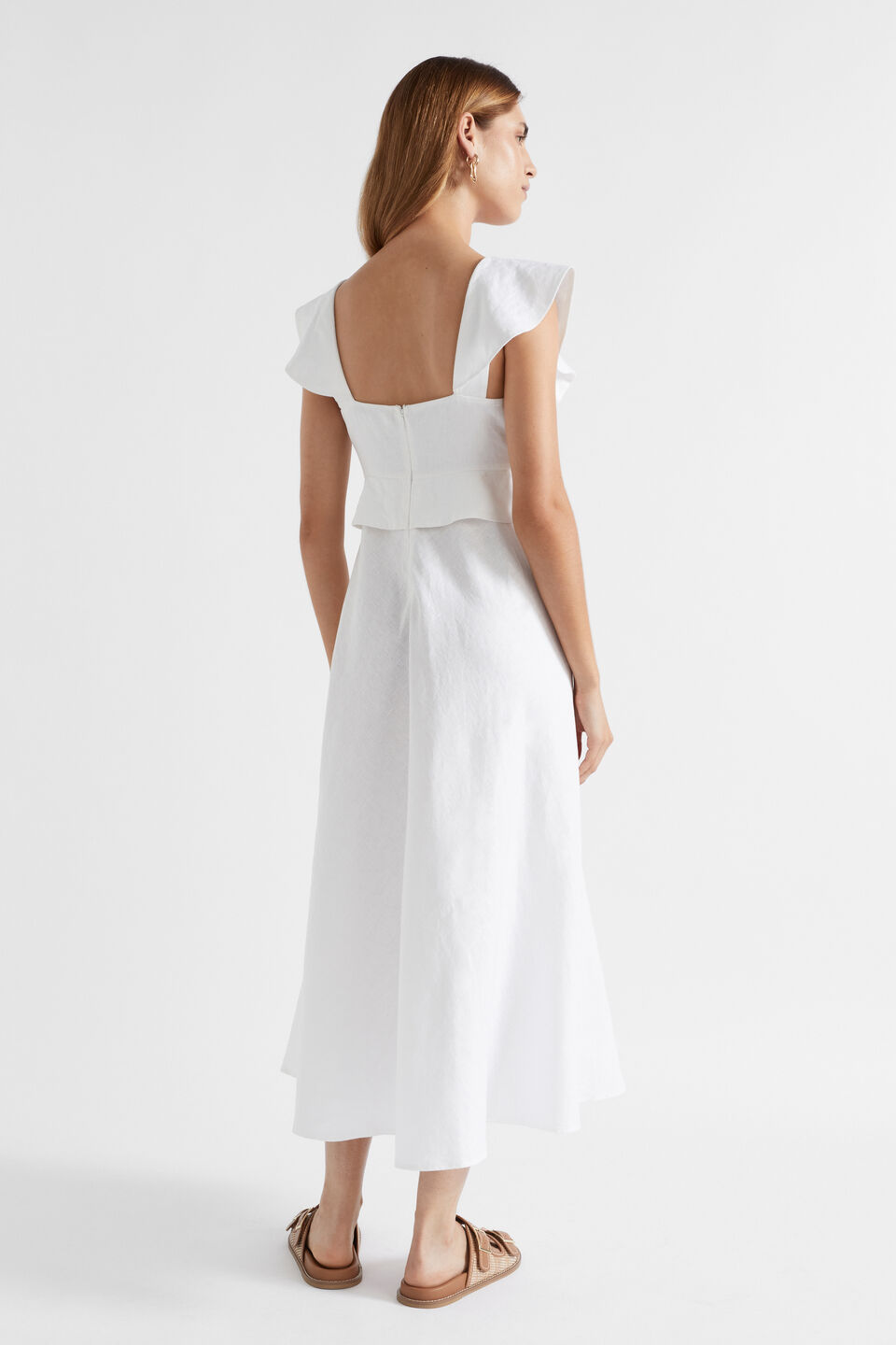 Linen Frill Midi Dress  Whisper White
