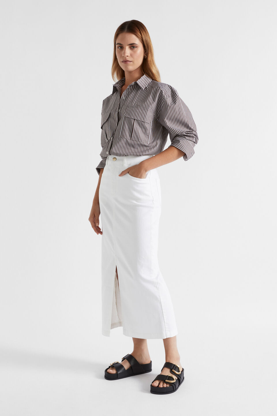 Denim Maxi Split Front Skirt  White