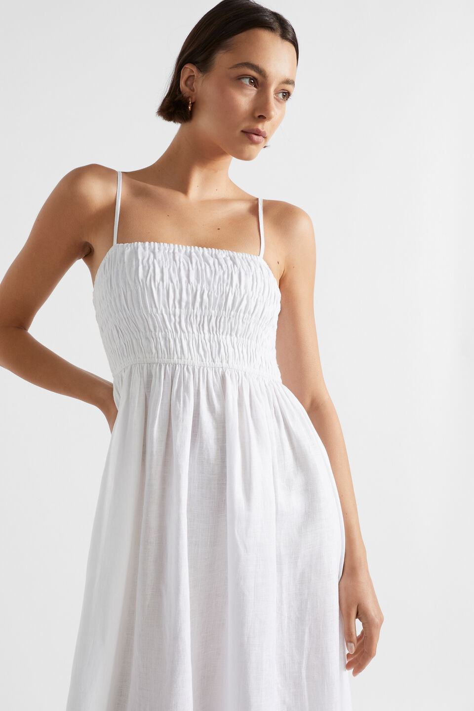 Linen Shirred Midi Dress  Whisper White