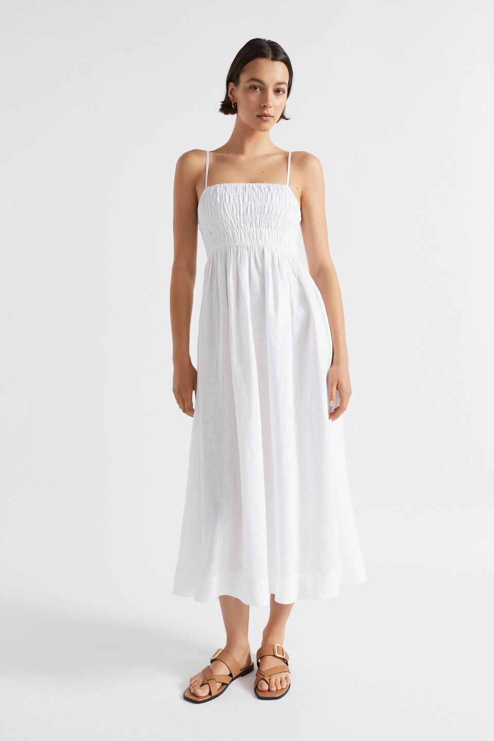Linen Shirred Midi Dress  Whisper White