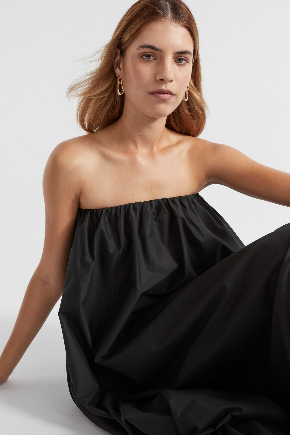 Voile Gathered Strapless Maxi Dress  Black