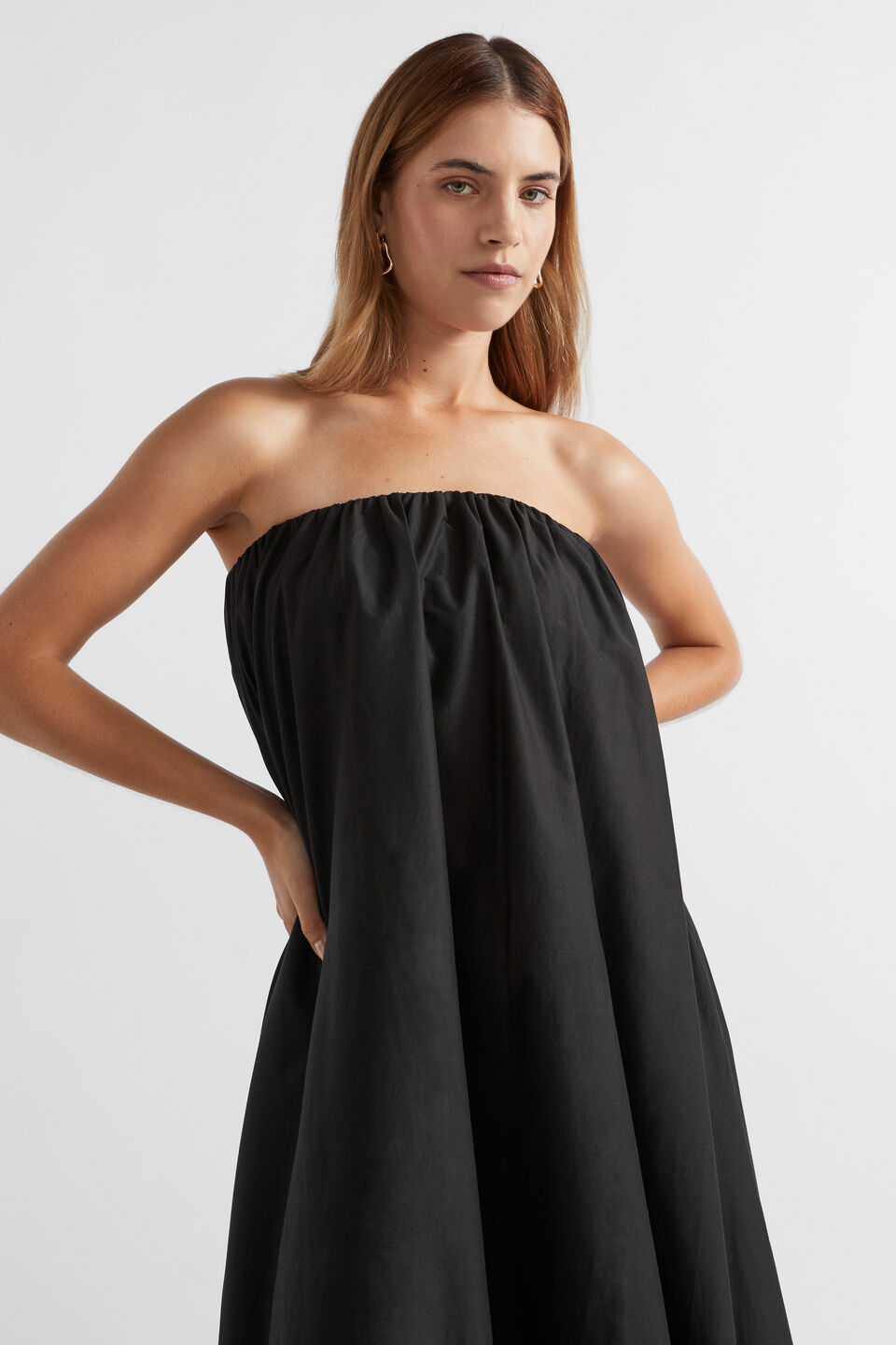 Voile Gathered Strapless Maxi Dress  Black