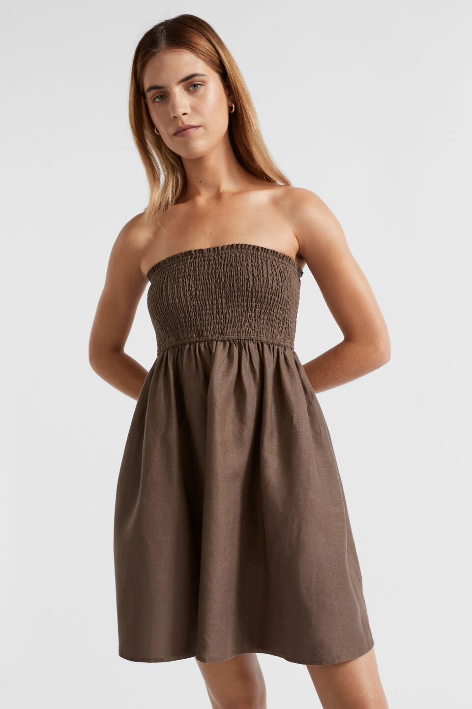 Linen Shirred Mini Dress  Affogato