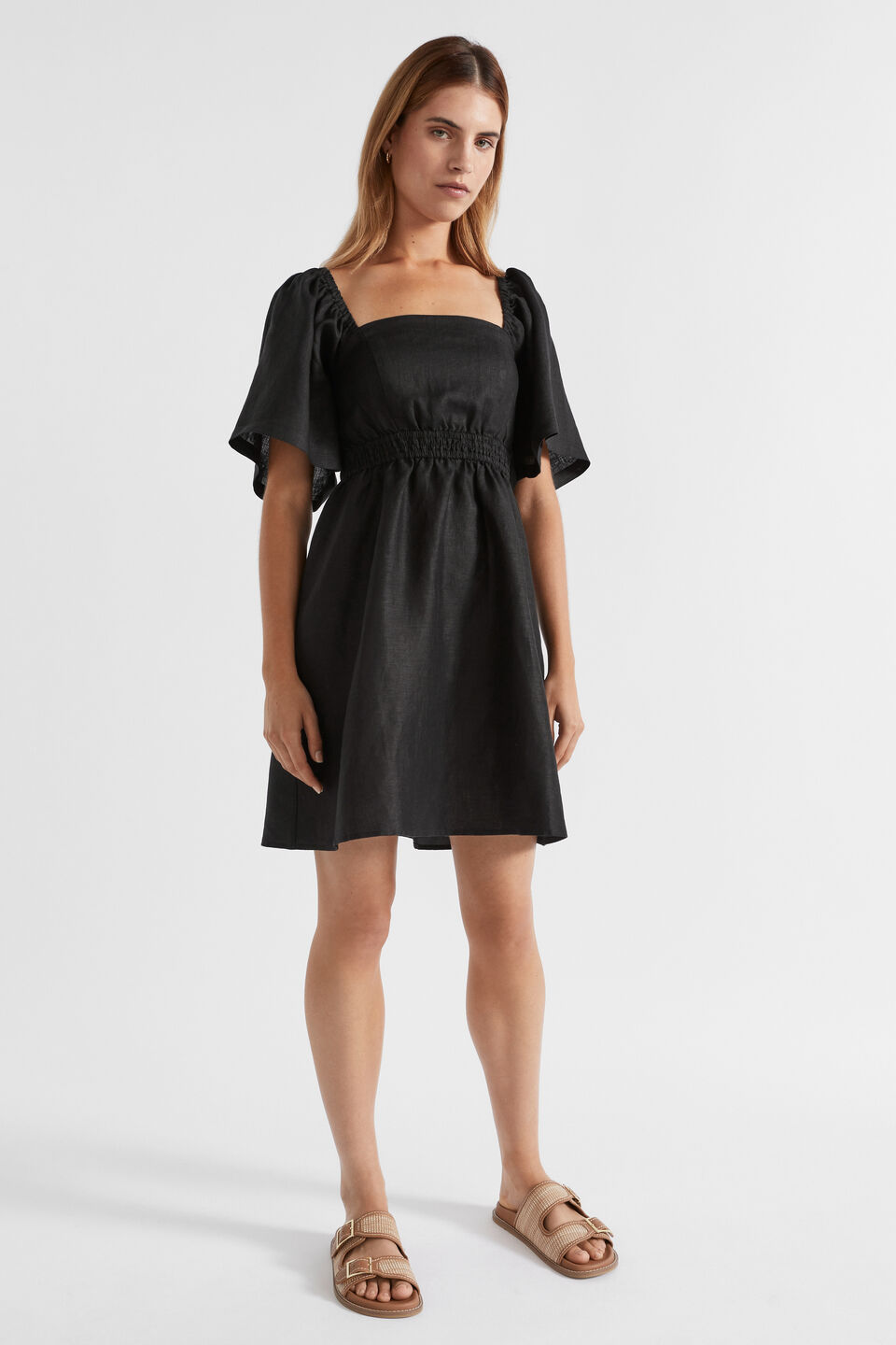 Linen Square Neck Mini Dress  Black