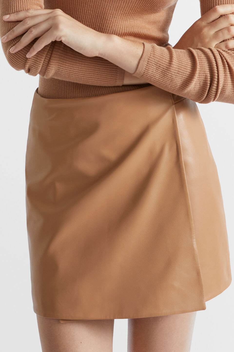 Leather Mini Wrap Skirt  Fudge