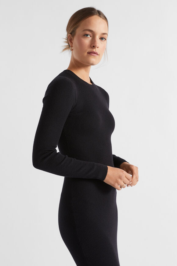 Basic Rib Knit Midi Dress  Black  hi-res