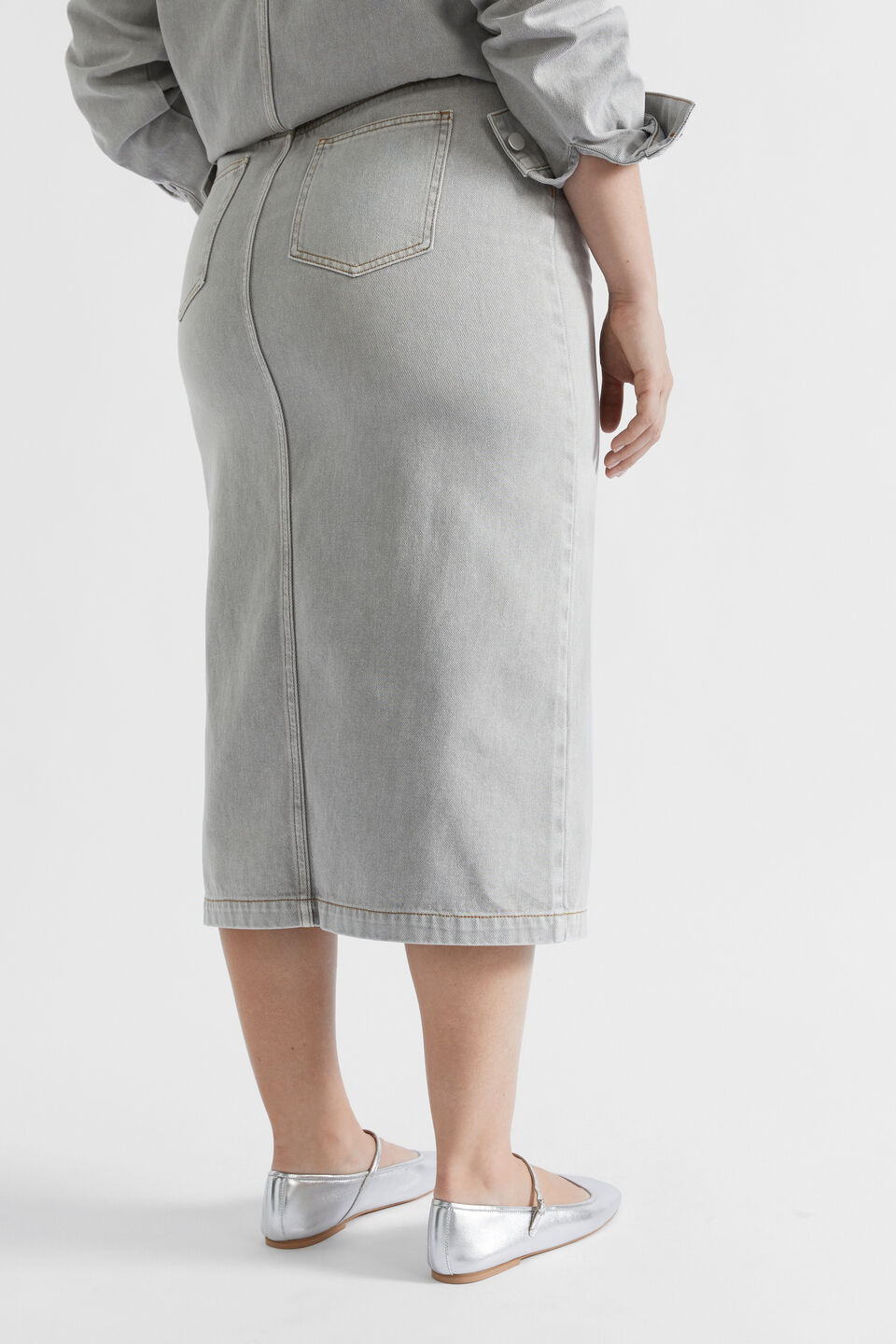 Denim Midi Split Front Skirt  Silver Wash