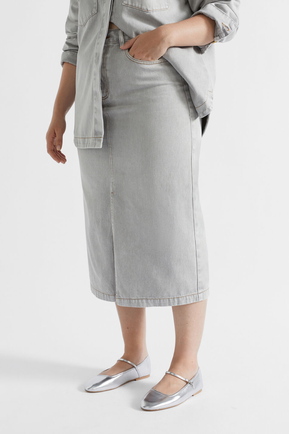 Denim Midi Split Front Skirt  Silver Wash
