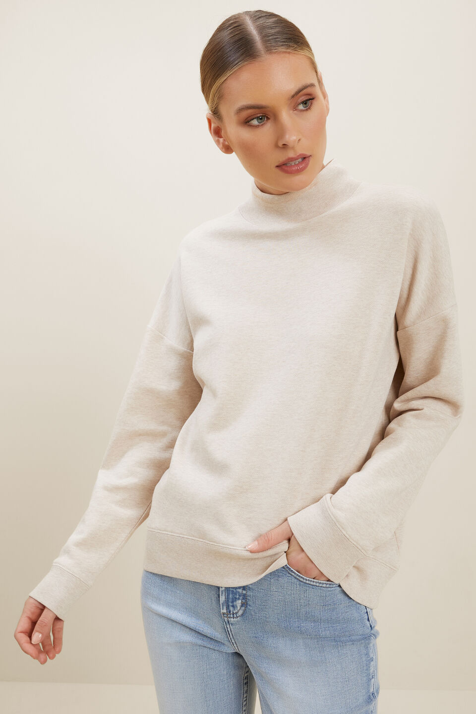 Roll Neck Relaxed Sweater  Neutral Blush Marle