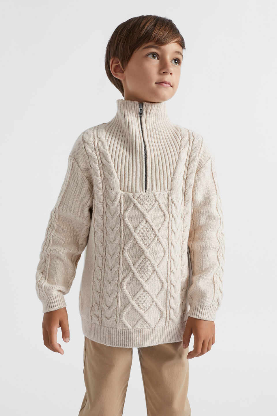 Zip Cable Knit  Oat Marle