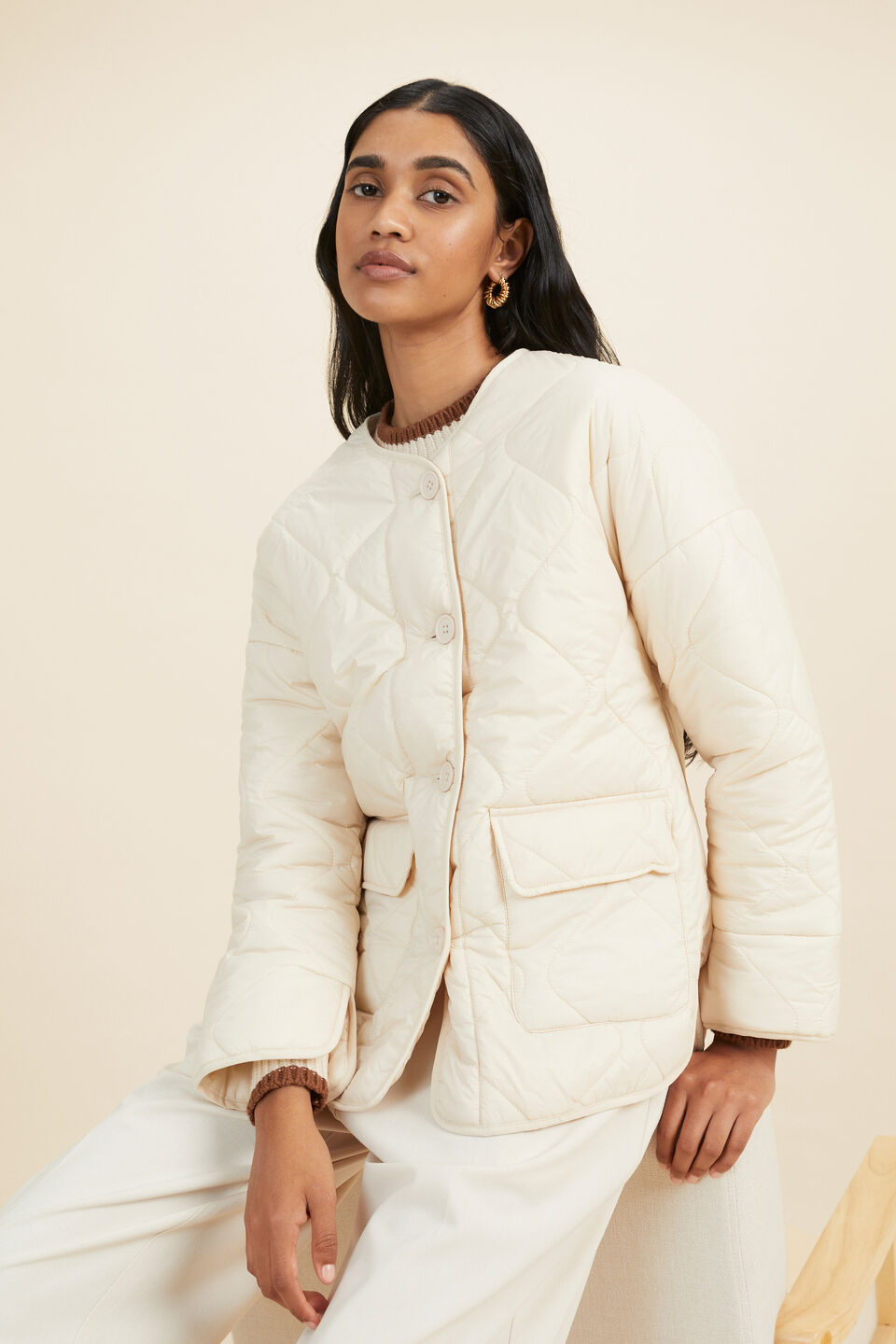 Oversized Quilted Jacket  Pebble Cream