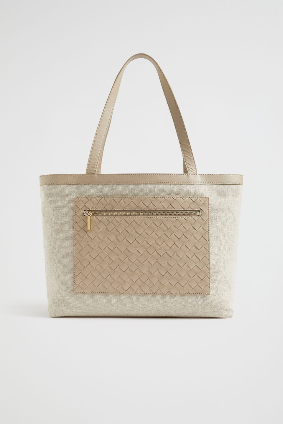 Leather Woven Fabric Tote  Champagne Beige