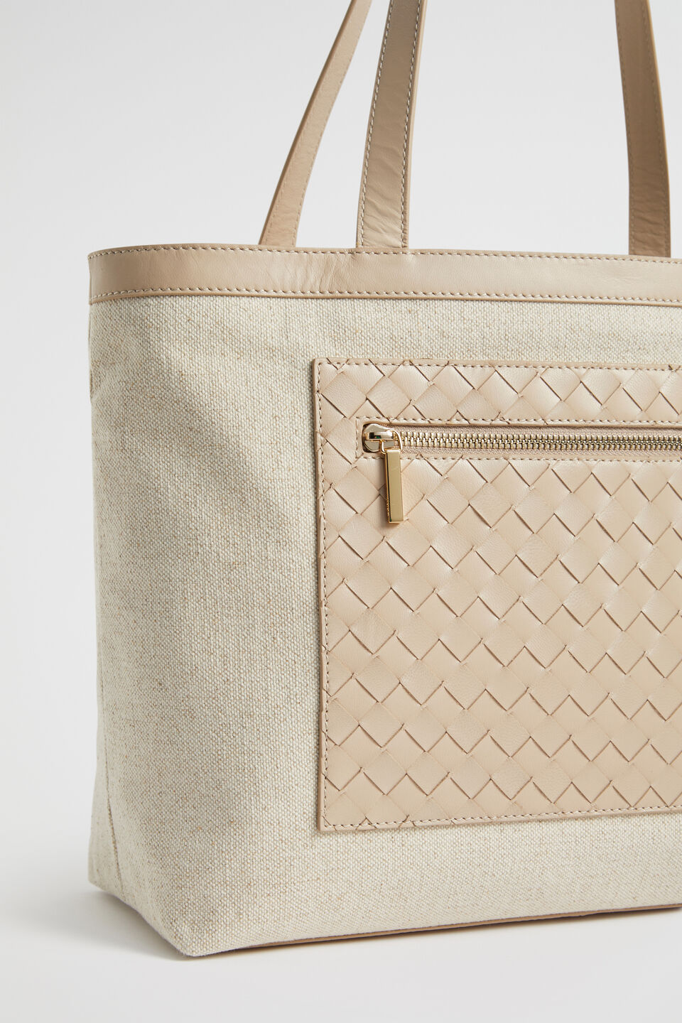 Leather Woven Fabric Tote  Champagne Beige