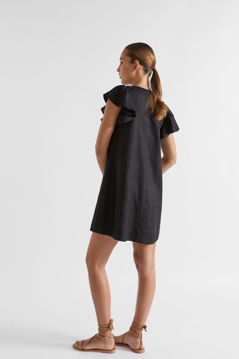 Core Linen Frill Sleeve Mini Dress  Black