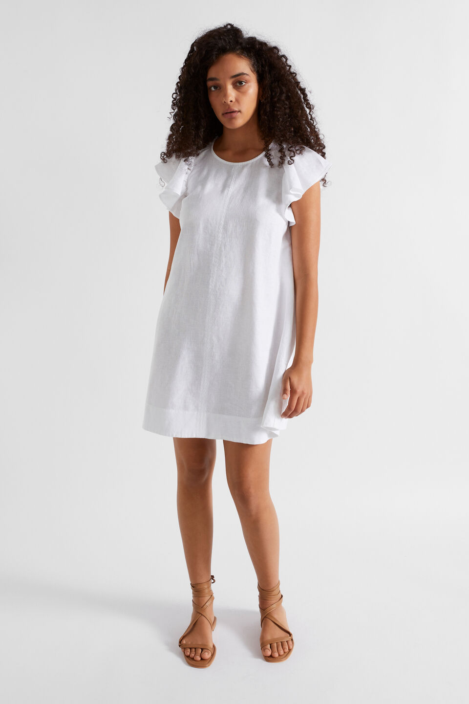 Core Linen Frill Sleeve Mini Dress  Whisper White