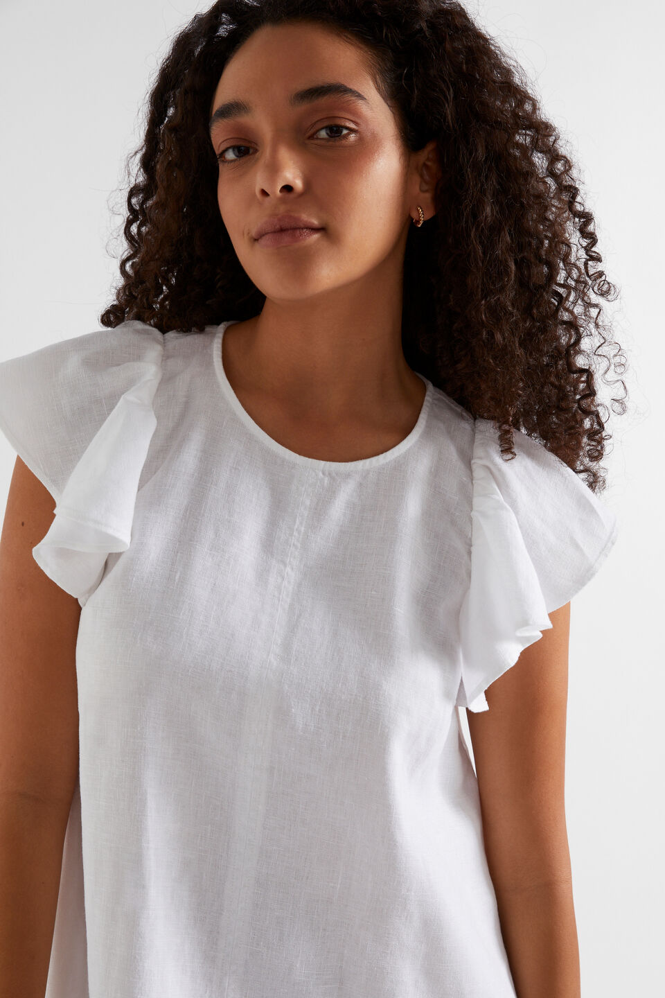 Core Linen Frill Sleeve Mini Dress  Whisper White