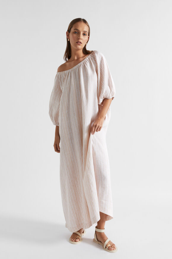 Linen Gathered Maxi Dress  Soft Wheat Stripe  hi-res