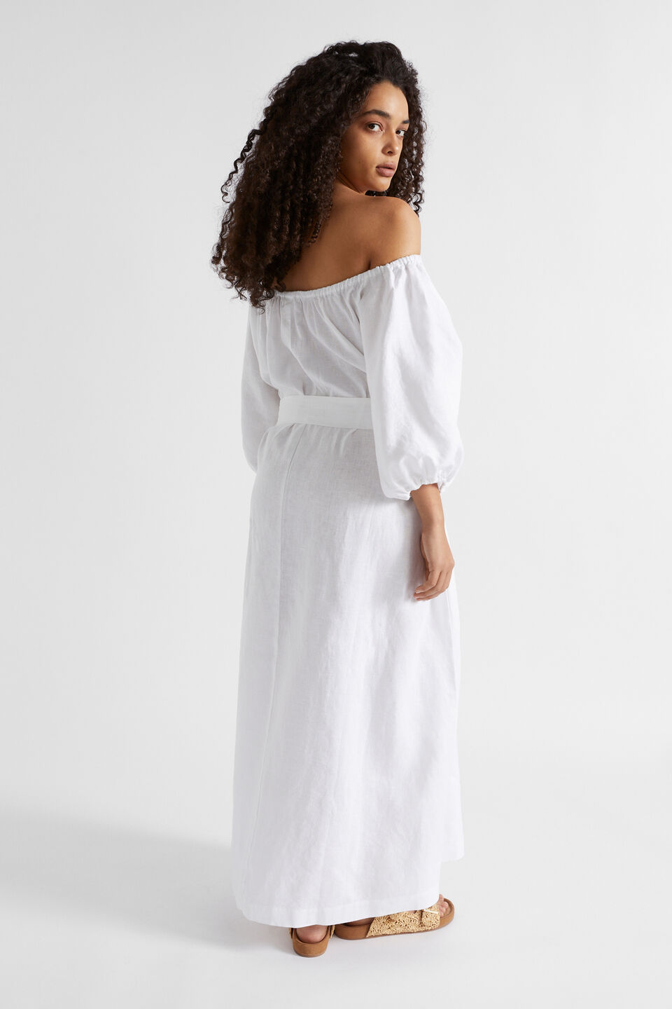 Linen Gathered Maxi Dress  Whisper White