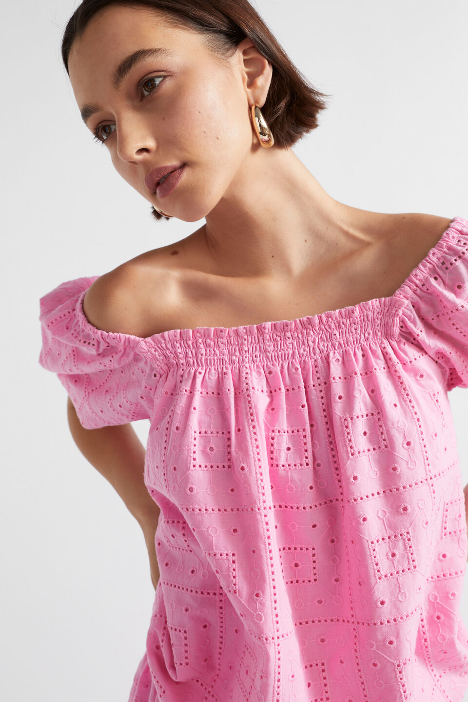 Broderie Square Neck Top  Pink Gin
