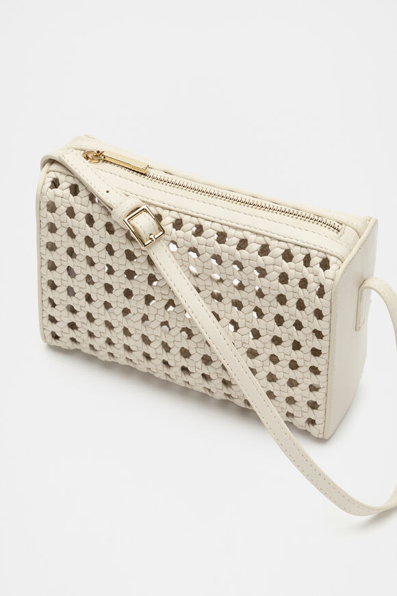 Leather Woven Shoulder Bag  Cream  hi-res