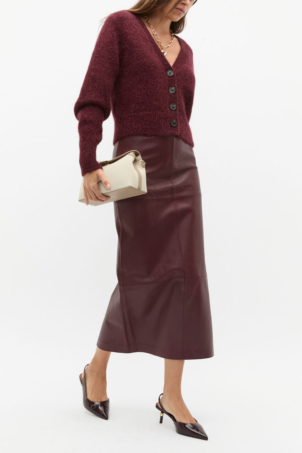 Leather Column Skirt  Plum Red