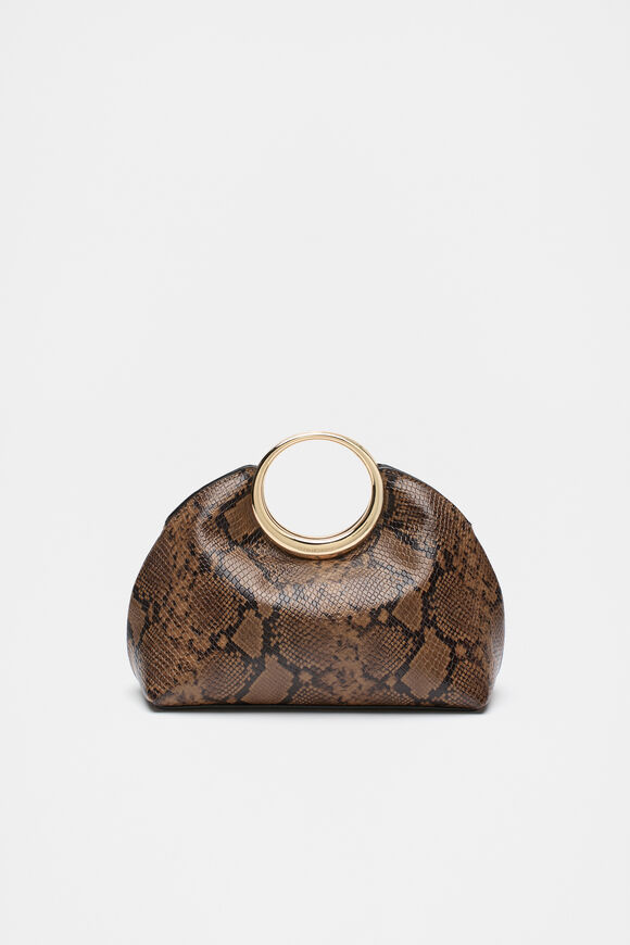 Leather Ring Detail Clutch  Toffee Snake Print  hi-res