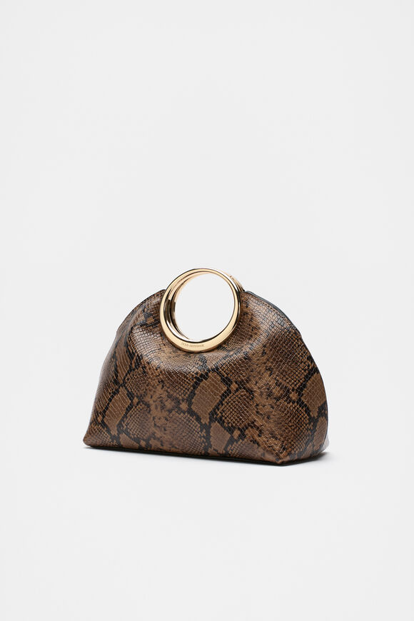 Leather Ring Detail Clutch  Toffee Snake Print  hi-res