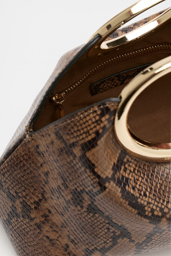 Leather Ring Detail Clutch  Toffee Snake Print  hi-res