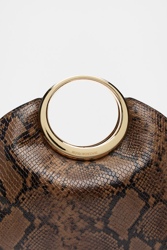Leather Ring Detail Clutch  Toffee Snake Print  hi-res