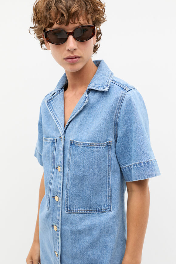 Denim Button Through Mini Dress  Mist Blue Wash  hi-res