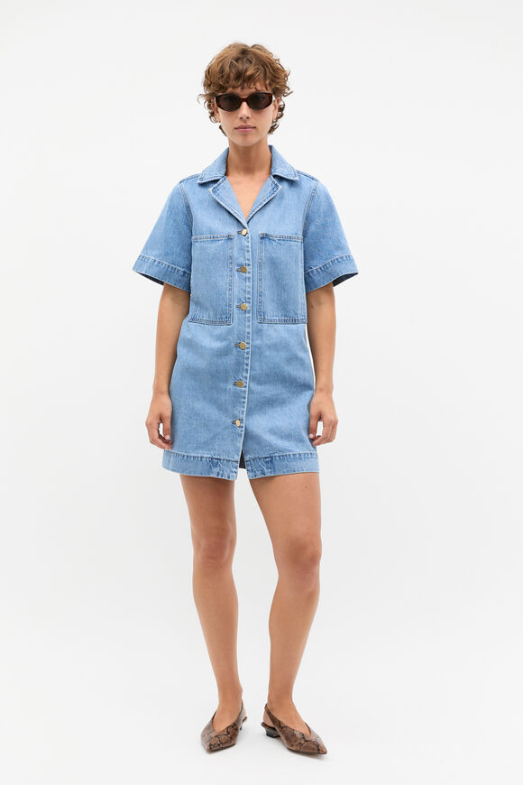 Denim Button Through Mini Dress  Mist Blue Wash  hi-res