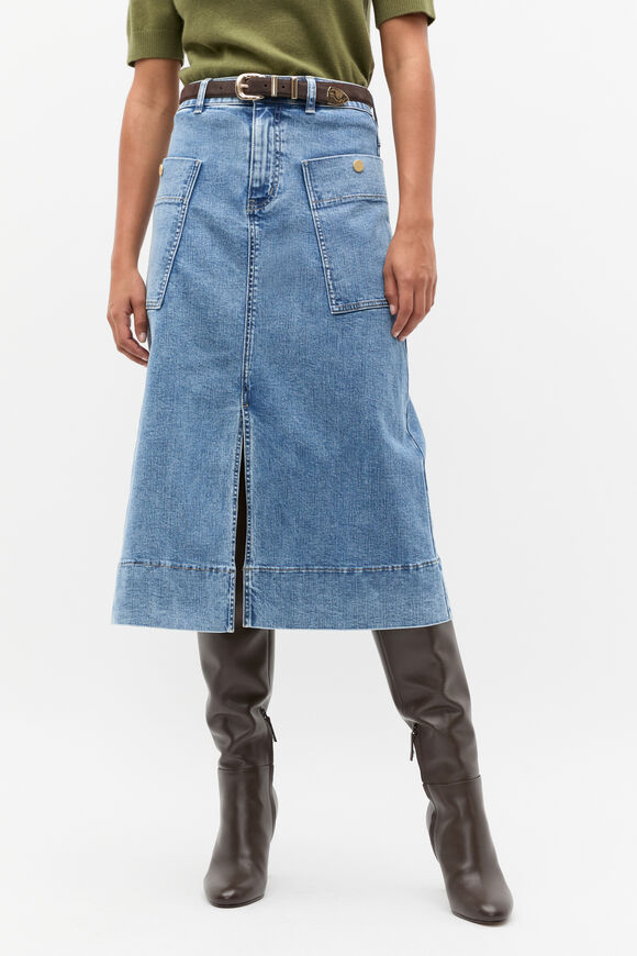 Denim Midi A Line Skirt  Mist Blue Wash  hi-res