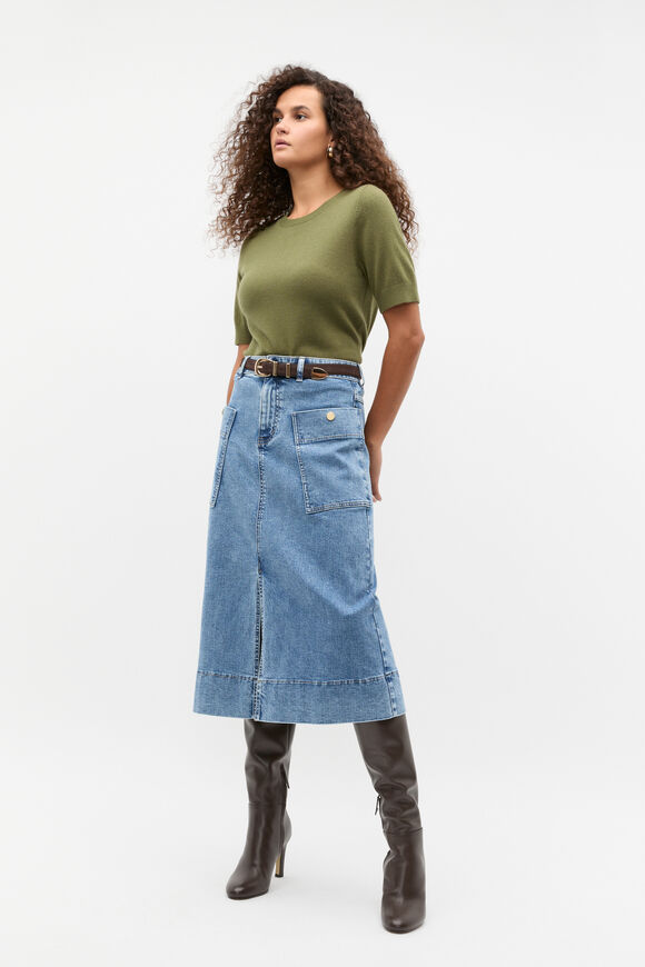 Denim Midi A Line Skirt  Mist Blue Wash  hi-res