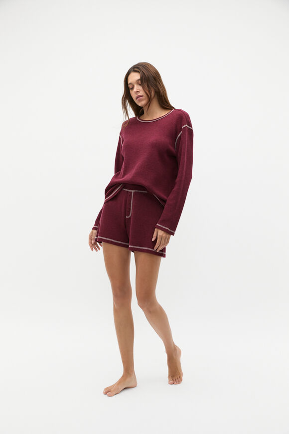 Contrast Long Sleeve and Short PJ Set  Plum Red Marle  hi-res
