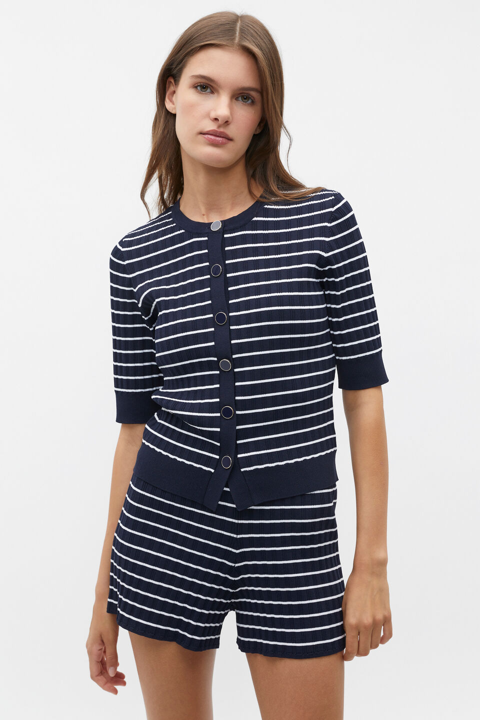 Stripe Rib Knit Short Sleeve Cardigan  Midnight Sky Stripe