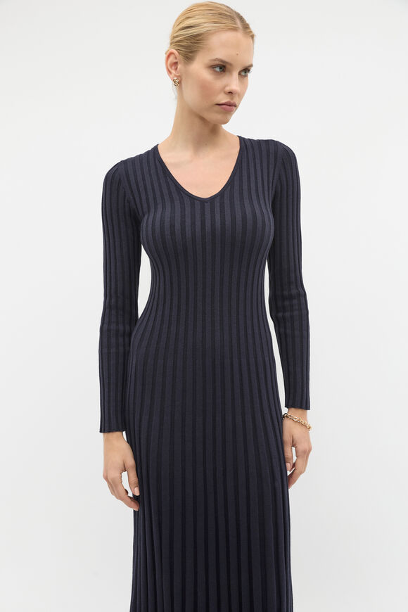 Pleated V Neck Knit Dress  Twilight Blue  hi-res