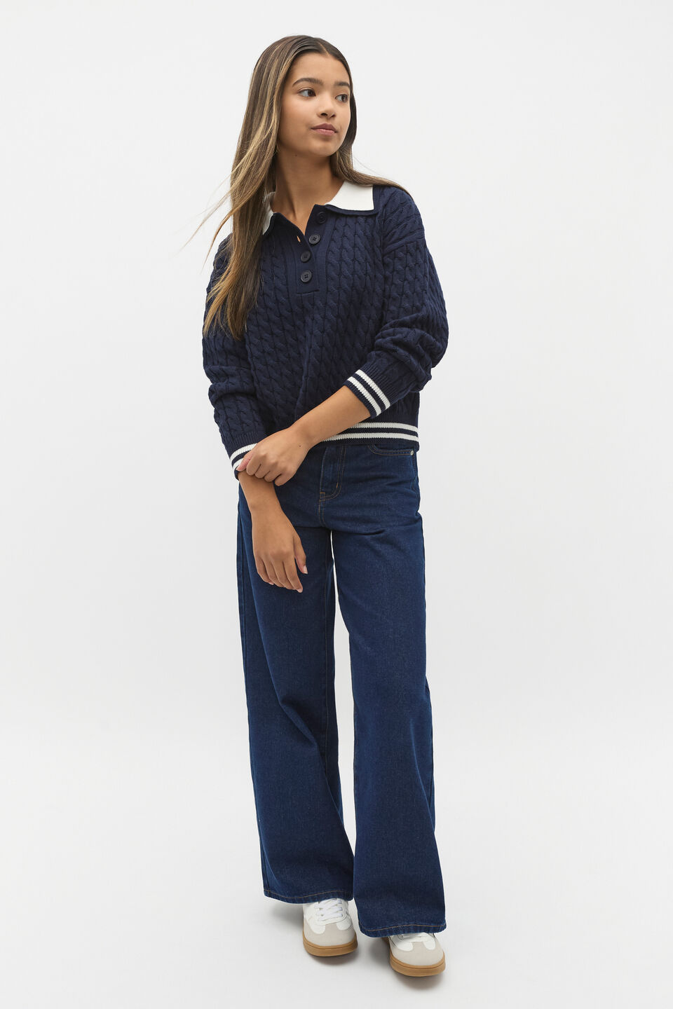 Cable Collar Knit Sweater  New Navy