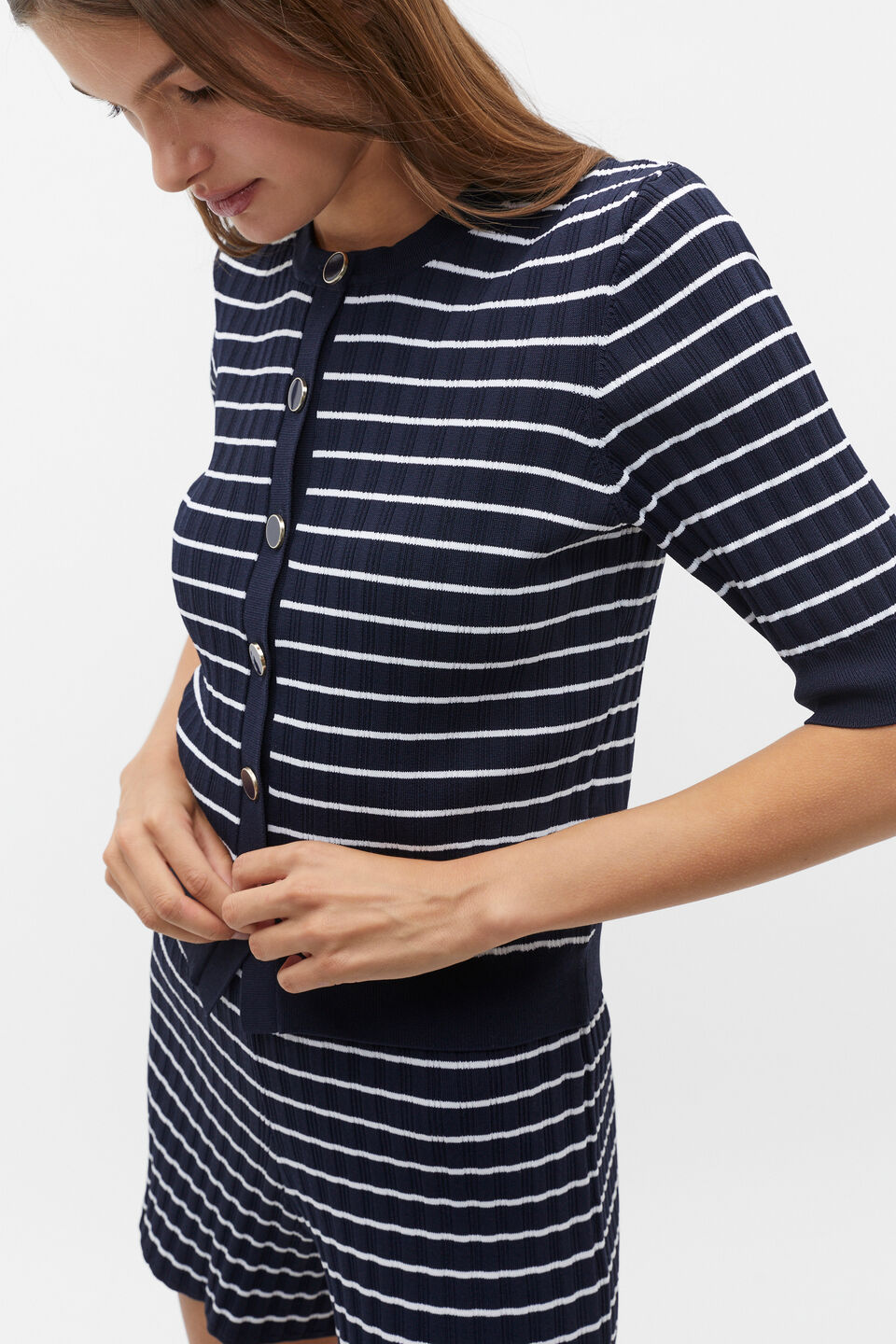 Stripe Rib Knit Short Sleeve Cardigan  Midnight Sky Stripe