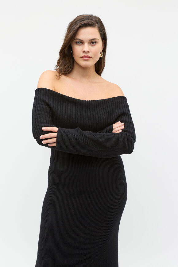 Off Shoulder Knit Dress  Black  hi-res