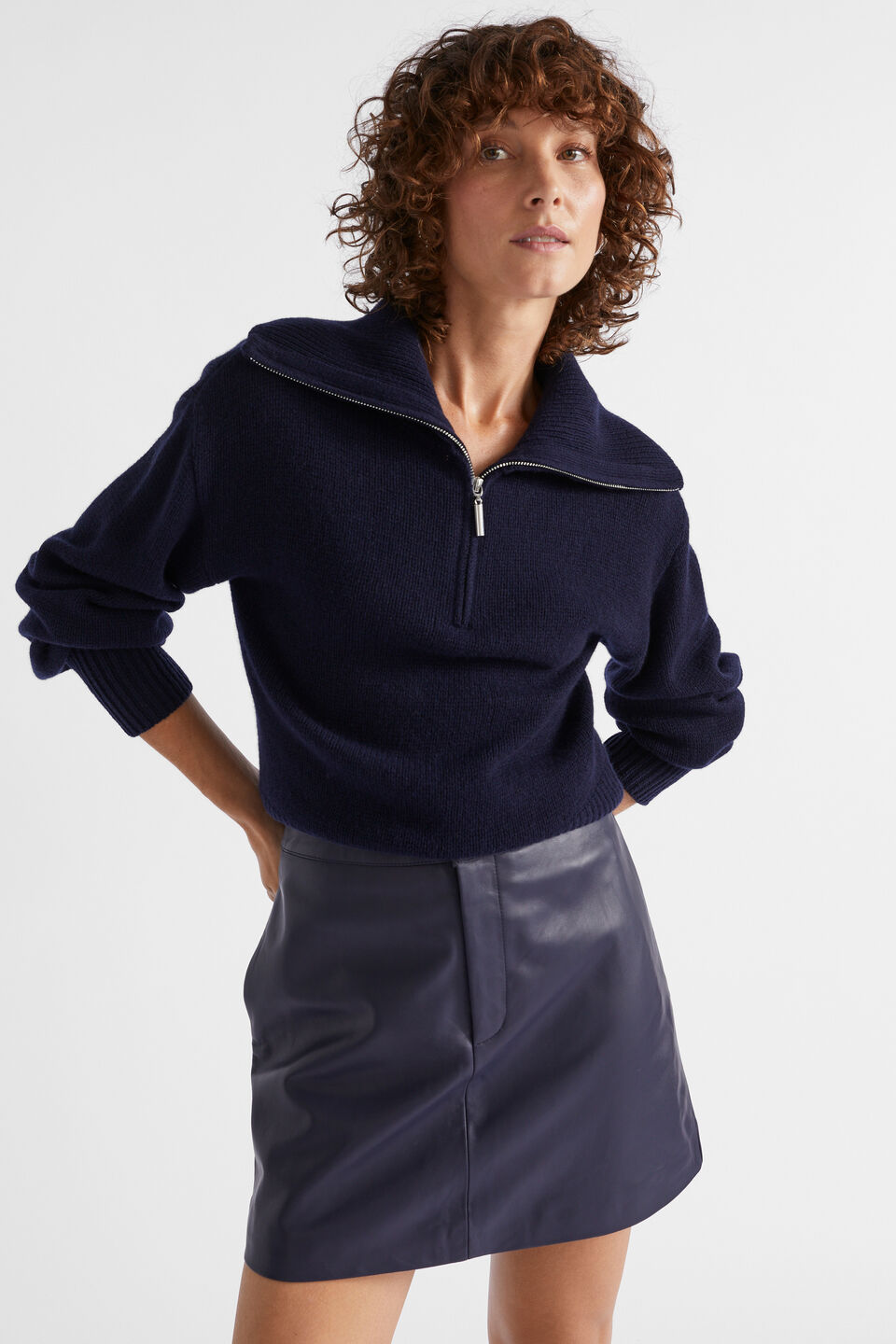 Merino Wool Funnel Neck Knit  Midnight Sky