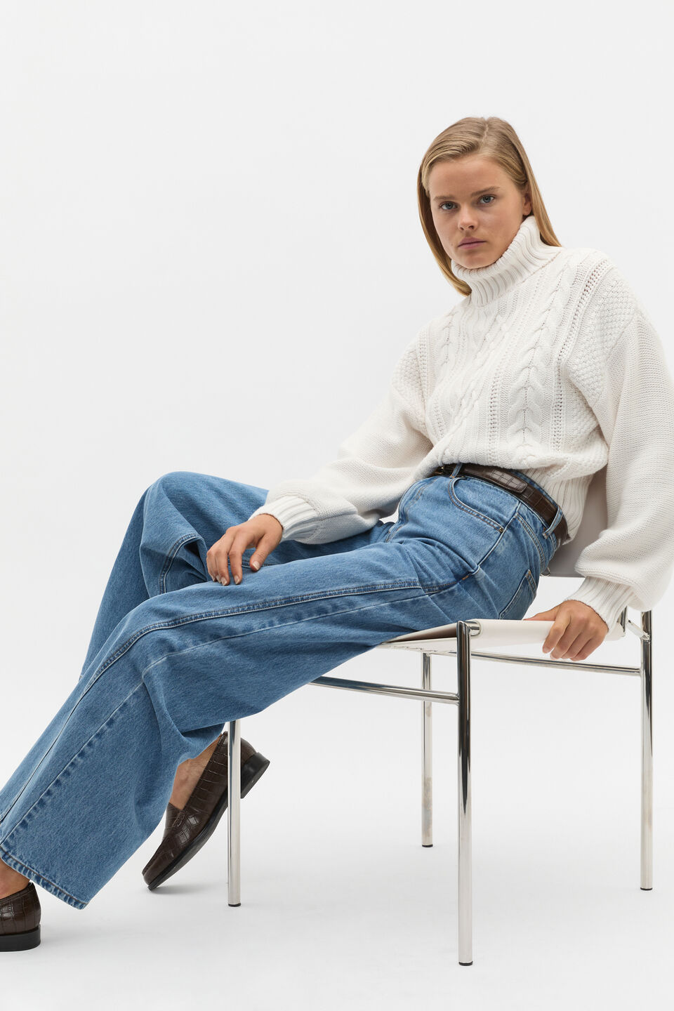 Cable Slouch Roll Neck Knit  Cloud Cream