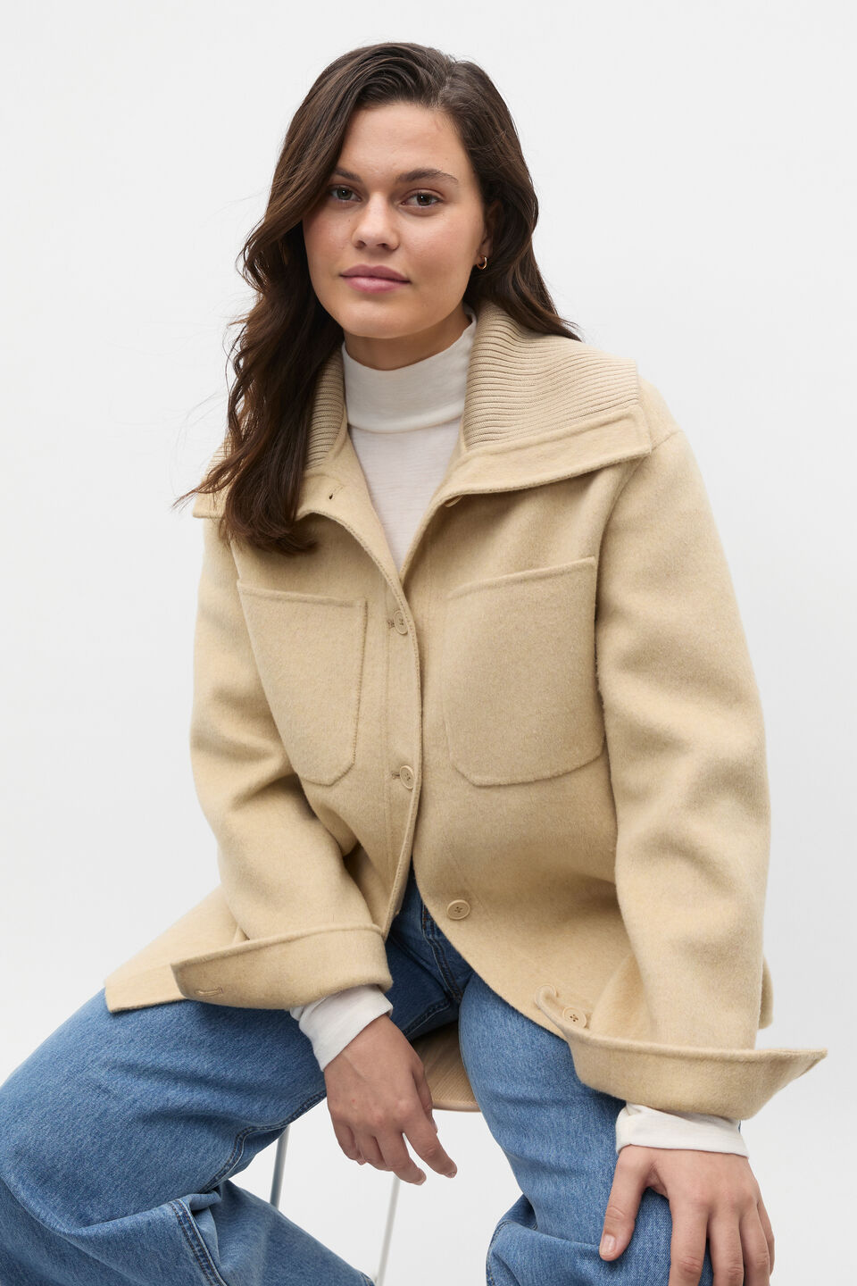 Wool Blend Rib Collar Shacket  Latte Marle