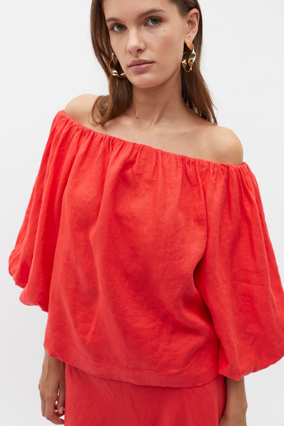 Linen Off Shoulder Top  Strawberry Red