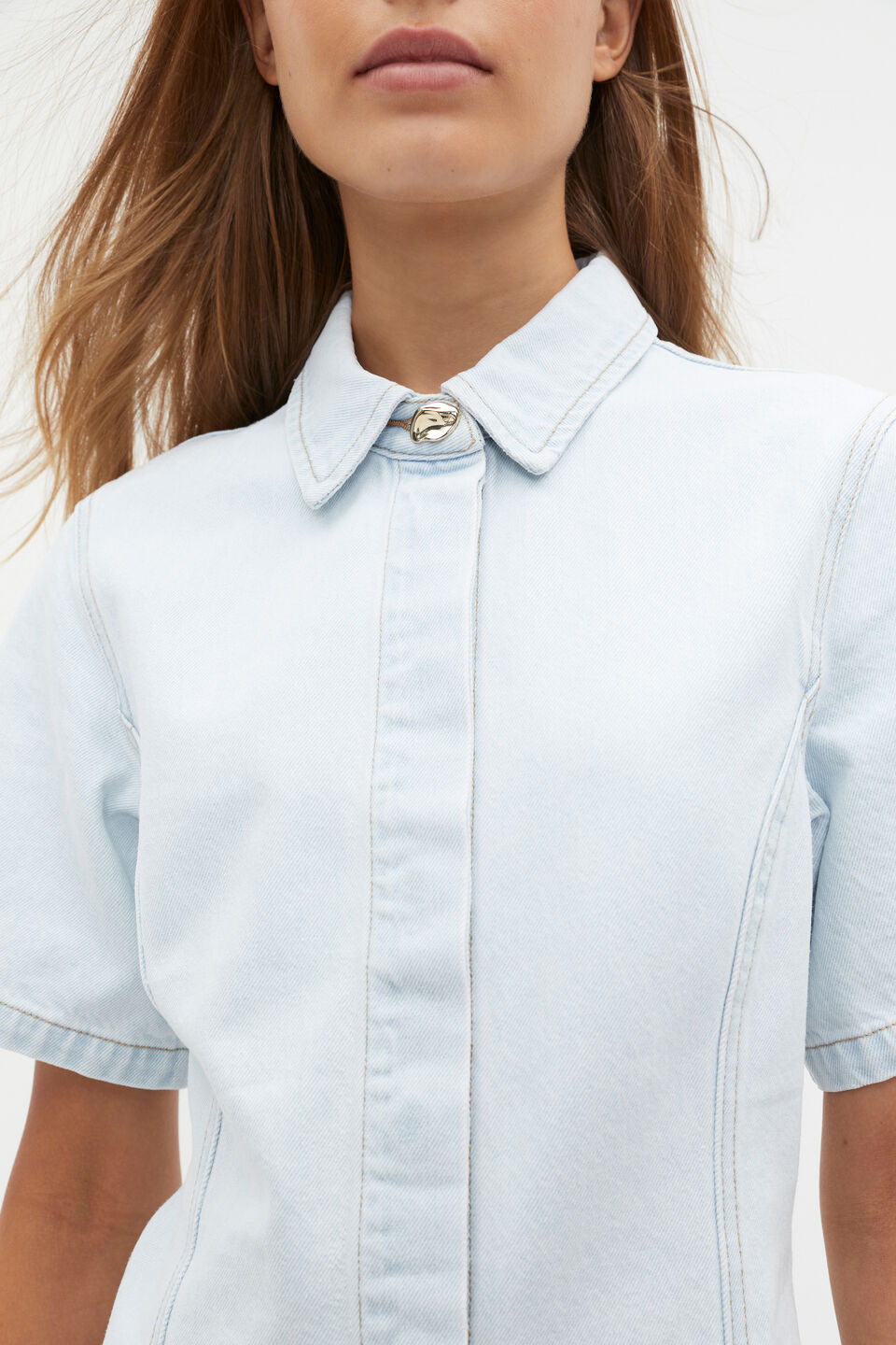 Denim Collar Mini Dress  Stone Blue Wash
