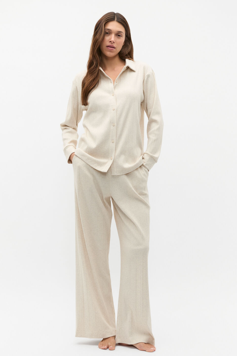 Vertical Rib Shirt and Pant Set  Oat Marle