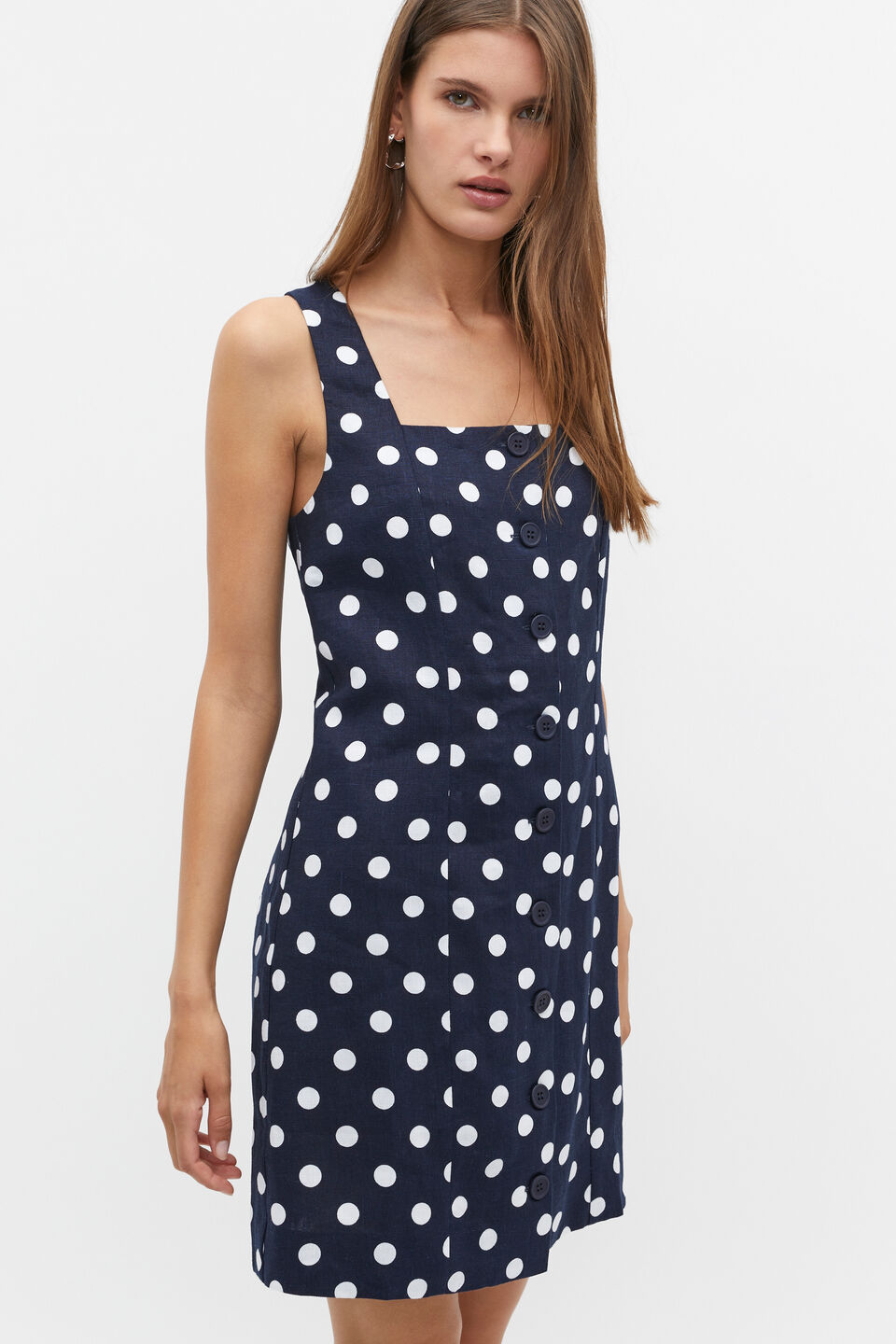 Linen Spot Button Mini Dress  Midnight Sky Spot