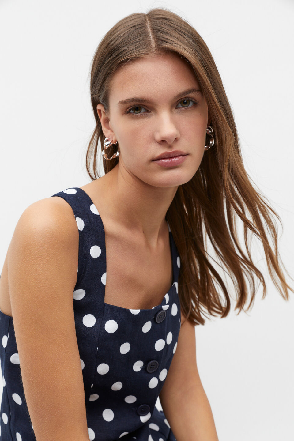 Linen Spot Button Mini Dress  Midnight Sky Spot