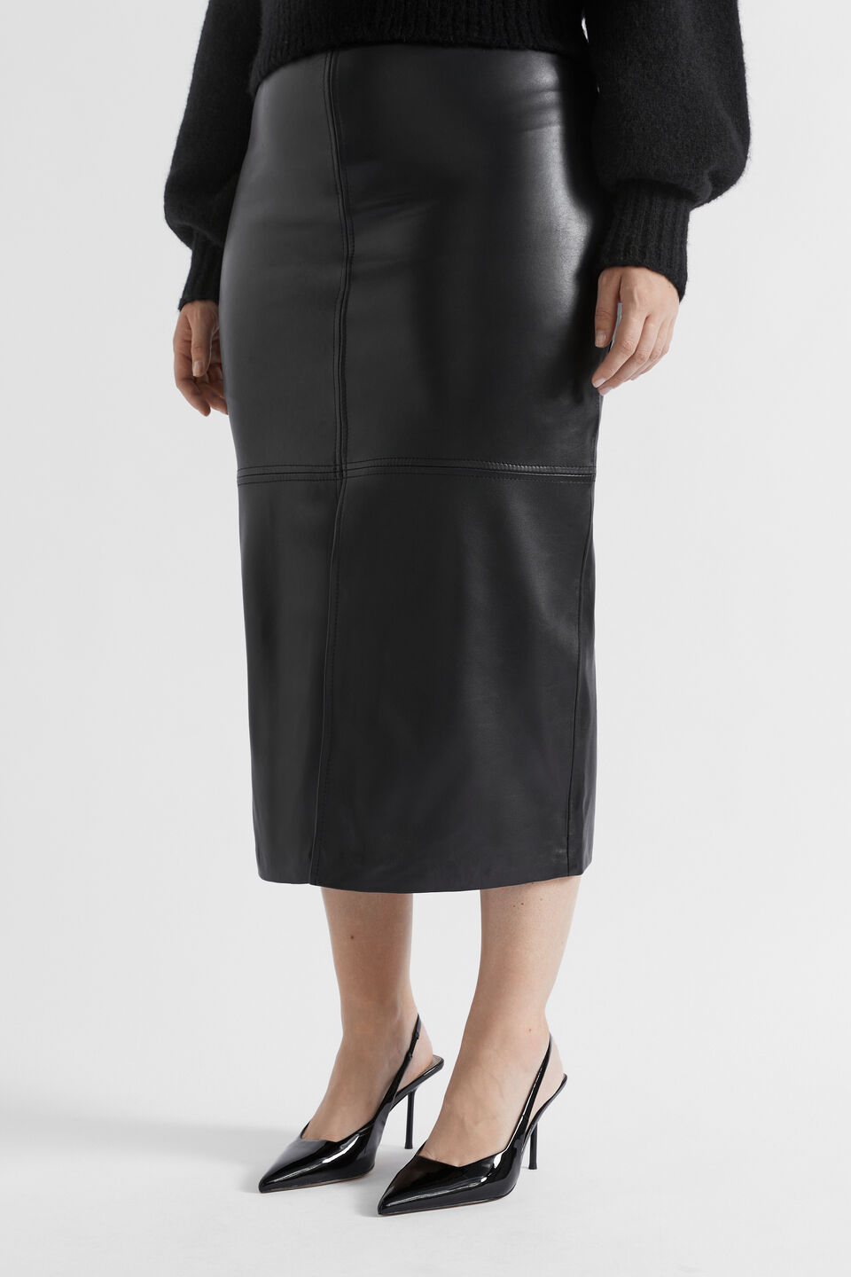 Leather Midi Pencil Skirt  Black